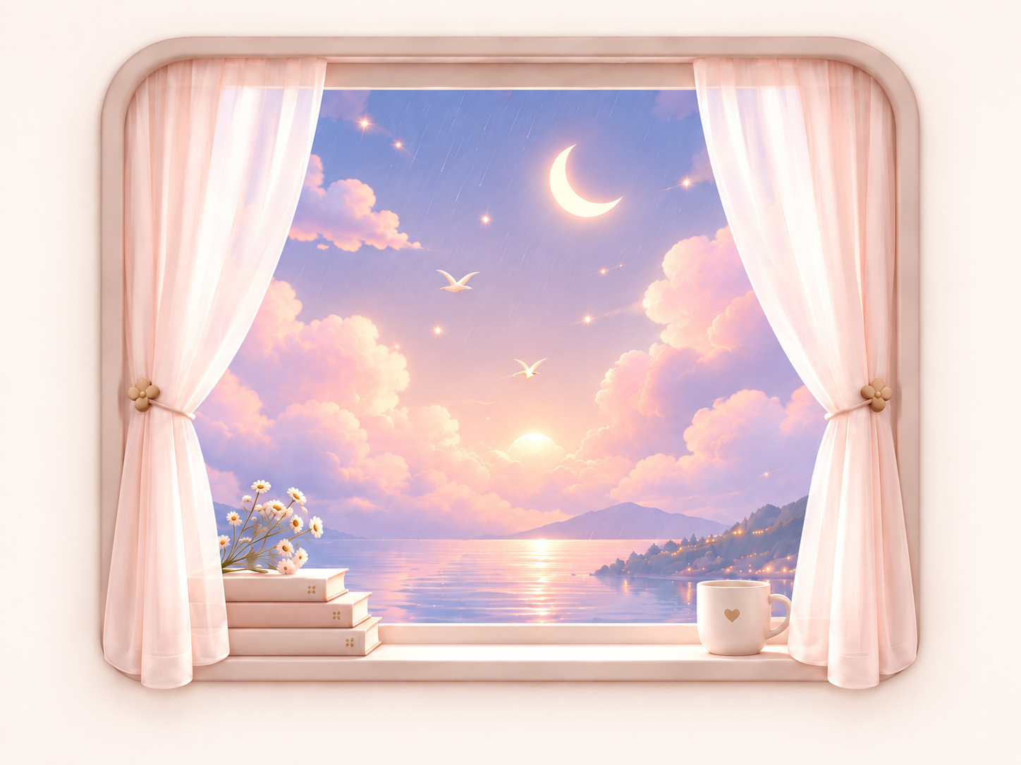 Lunelle, a window with sheer curtains over a soft sunset sky